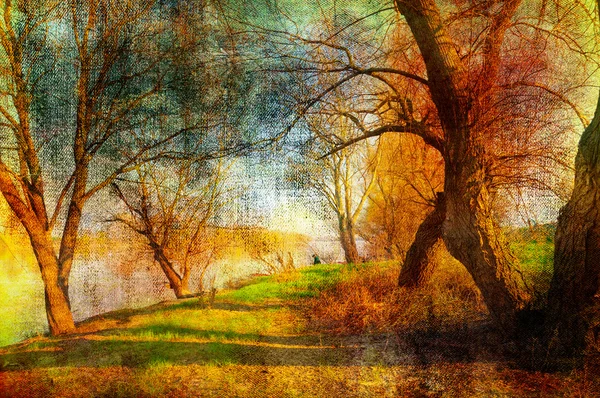 Arte grunge paisagem mostrando árvores ao lado do rio no belo dia de outono — Fotografia de Stock