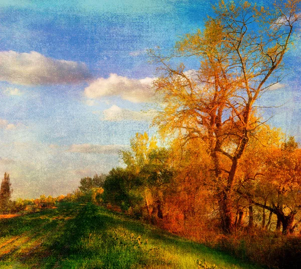Kunst grunge landschap weergegeven: weg naast bos op zonnige herfstdag — Stockfoto