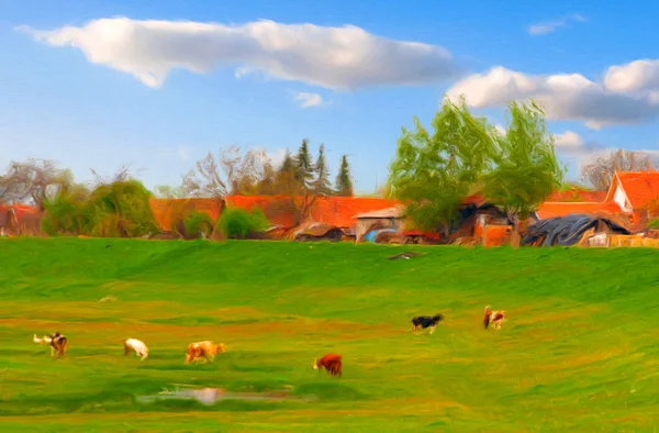 Заміський пейзаж, що показує маленький будинок, луг і корів — стокове фото
