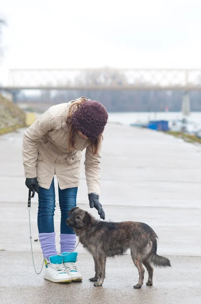 Pretty teenage girl with the dog on cloudy winter day — Stock Photo, Image