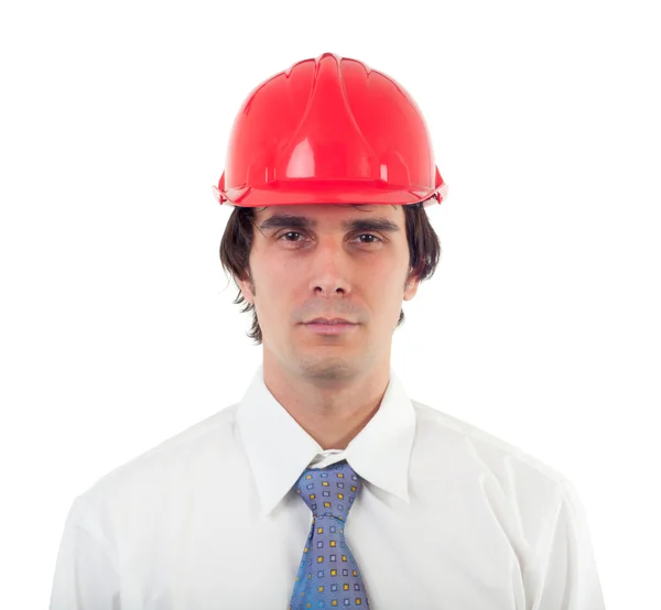 Retrato de ingeniero con camisa blanca, corbata azul y casco rojo —  Fotos de Stock