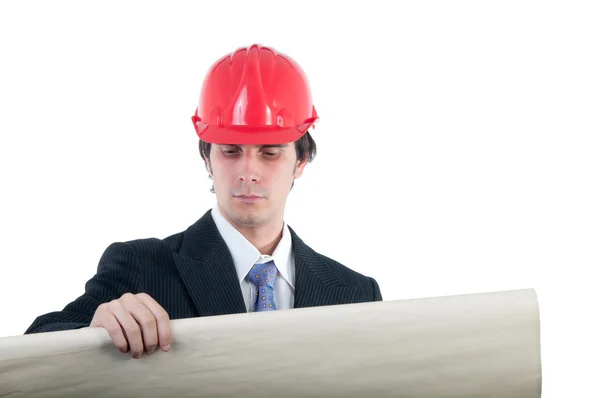 Porträtt av ingenjör bär vit skjorta, blå slips och röd hjälm — Stockfoto