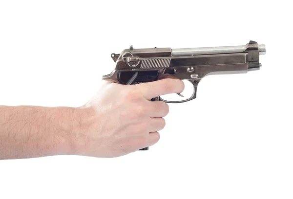 Hand met een handpistool geïsoleerd op wit — Stockfoto