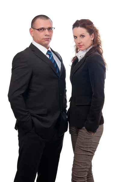 Serious looking businessman and business woman isolated on white — Stock Photo, Image
