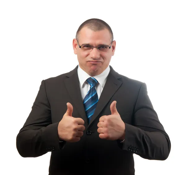 Успешный бизнесмен показывает большие пальцы на белом фоне — стоковое фото