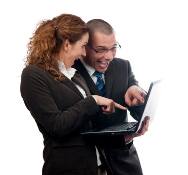 Excited businessman and business woman found what they were looking for isolated on white clipart
