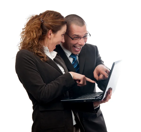 Excited businessman and business woman found what they were looking for isolated on white — Stock Photo, Image