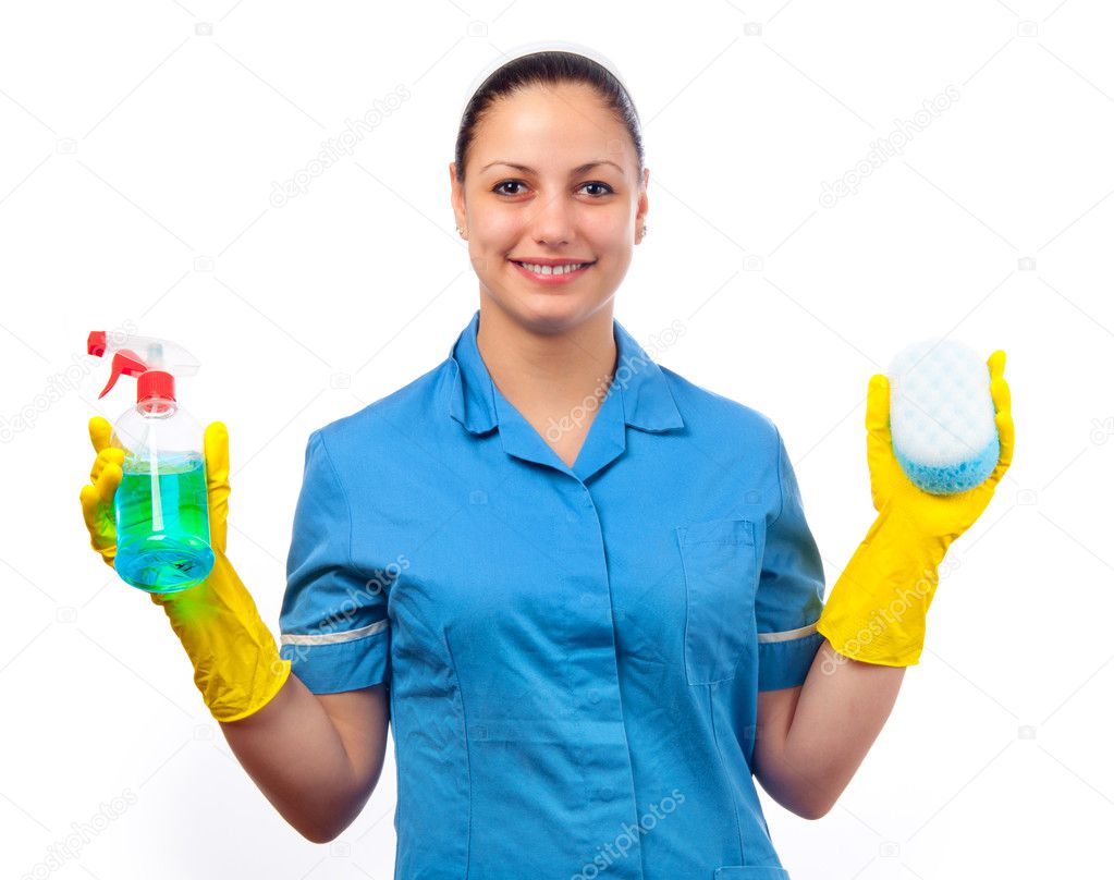 Smiling cleaning lady holding bottle of detergent in one hand and sponge in the other isolated on white