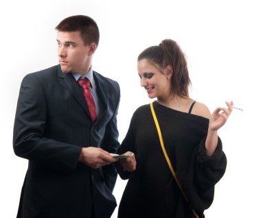 Worried young businessman giving money to the lady of questionable moral clipart