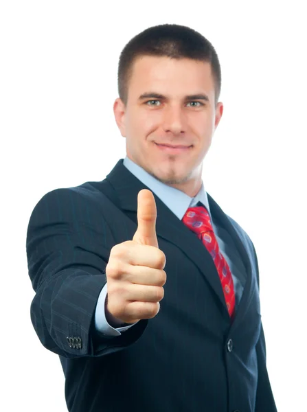 Красивий усміхнений бізнесмен показує великі пальці вгору ізольовано на білому — стокове фото