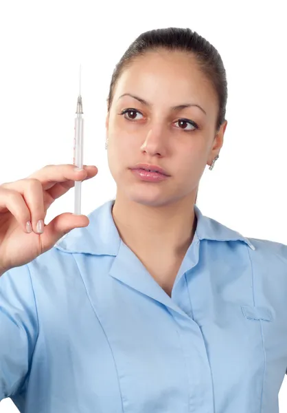 stock image Beautiful young nurse holding injection isolated on white