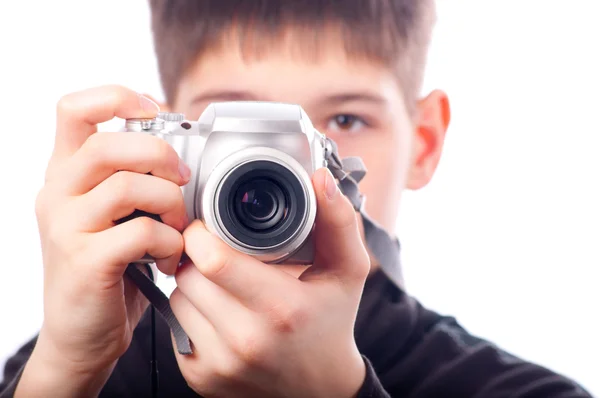 stock image Teenage boy taking pictures with point and shoot camera