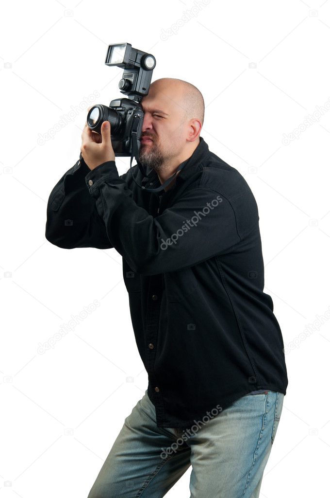 Professional photographer taking photos isolated on white