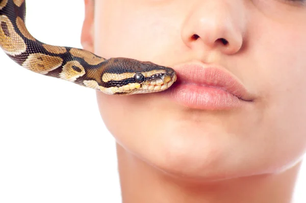 Adolescente chica besando pequeña mascota python — Foto de Stock