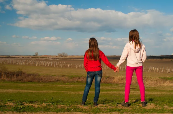 Две девочки-подростки стоят и держатся за руки, наблюдая за природой в прекрасный солнечный весенний день — стоковое фото