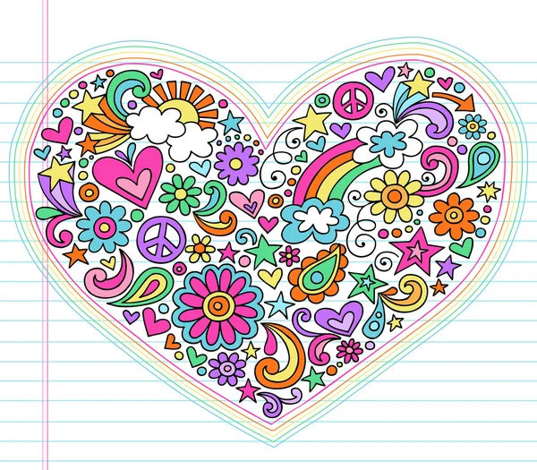 Corazón Paz psicodélica y amor Doodles Vector Illustration — Archivo Imágenes Vectoriales