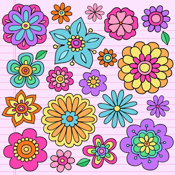 Flower Power Doodles Groovy Psychedelic Flowers Vector Set — Stock Vector