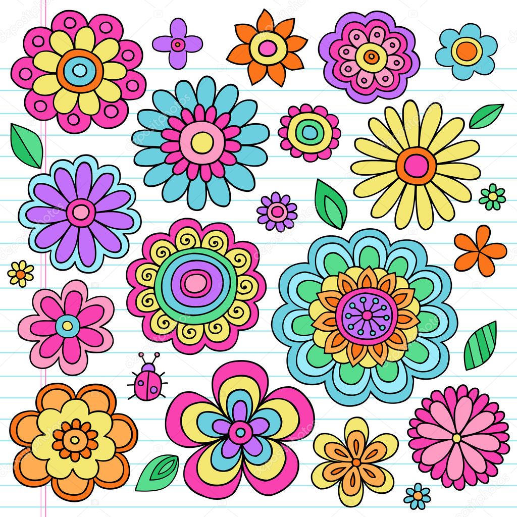 Flower Power Doodles Groovy Psychedelic Flowers Vector Set