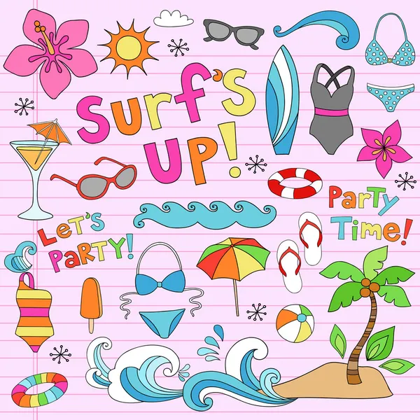 Sommerurlaub Surf 's up Beach Doodles Vektor eingestellt — Stockvektor