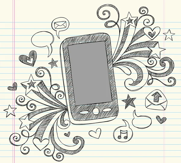 Mobiele telefoon mobiele pda schetsmatig notebook doodles vectorillustratie — Stockvector