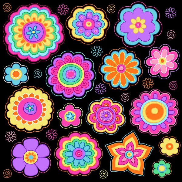 Flower Power Doodles groovy psychedelischen Blumen Vektor-Set — Stockvektor