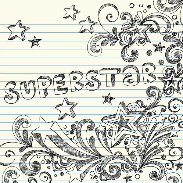 Doodles σχηματικό σούπερ σταρ πίσω στο σχολείο starburst σημειωματάριο — Διανυσματικό Αρχείο