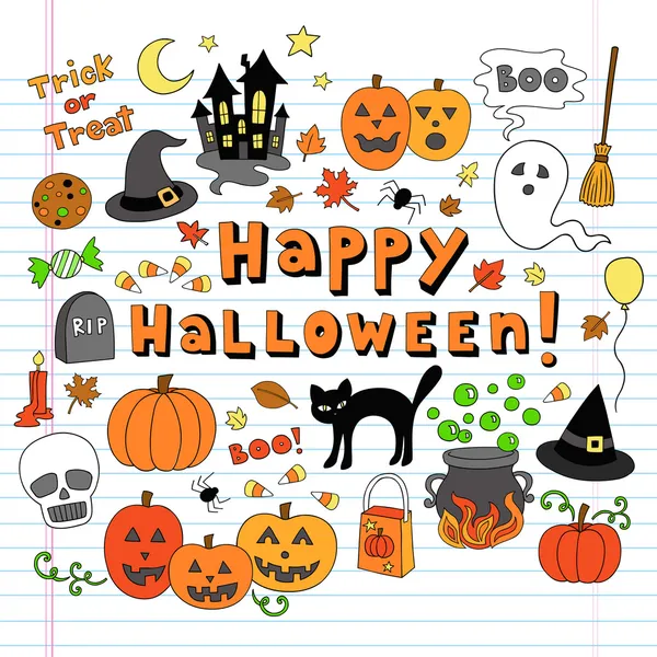 Buon Halloween Notebook Doodles elementi di disegno vettoriale Illustrazione — Vettoriale Stock
