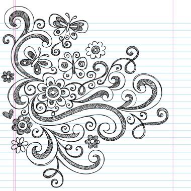 Flower and Butterfly Sketchy Doodles Design Elements clipart