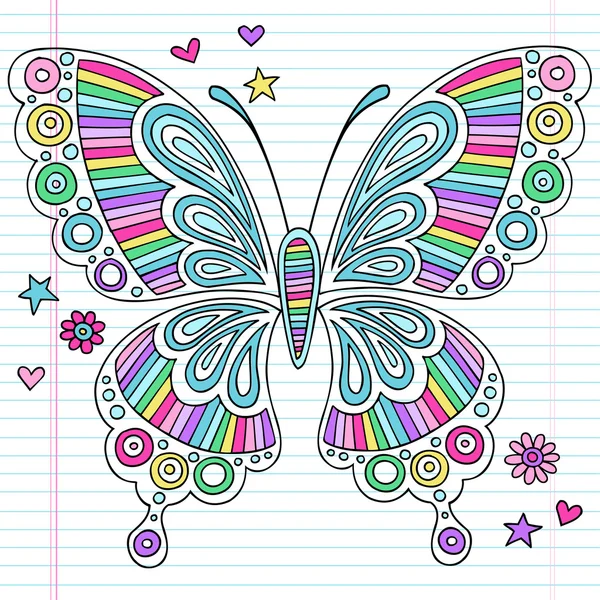 Schmetterling psychedelische Notizbuch Doodle Wirbel und Sterne Vektor — Stockvektor