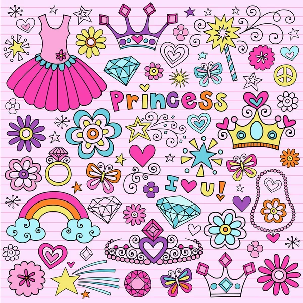 Princess Notebook Doodles Vector Icône Set Éléments de conception — Image vectorielle