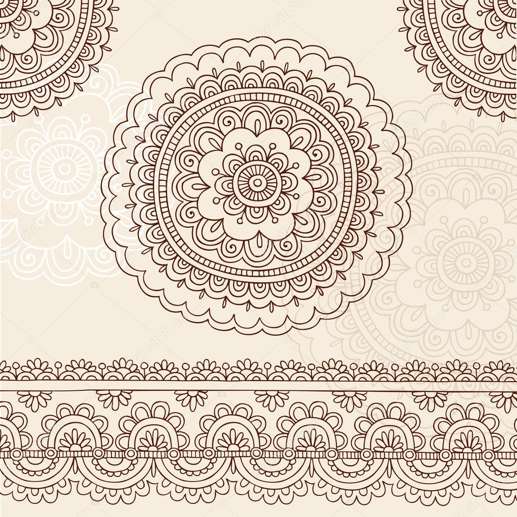 Henna Mehndi Mandala Flowers and Border Doodle Vector Design