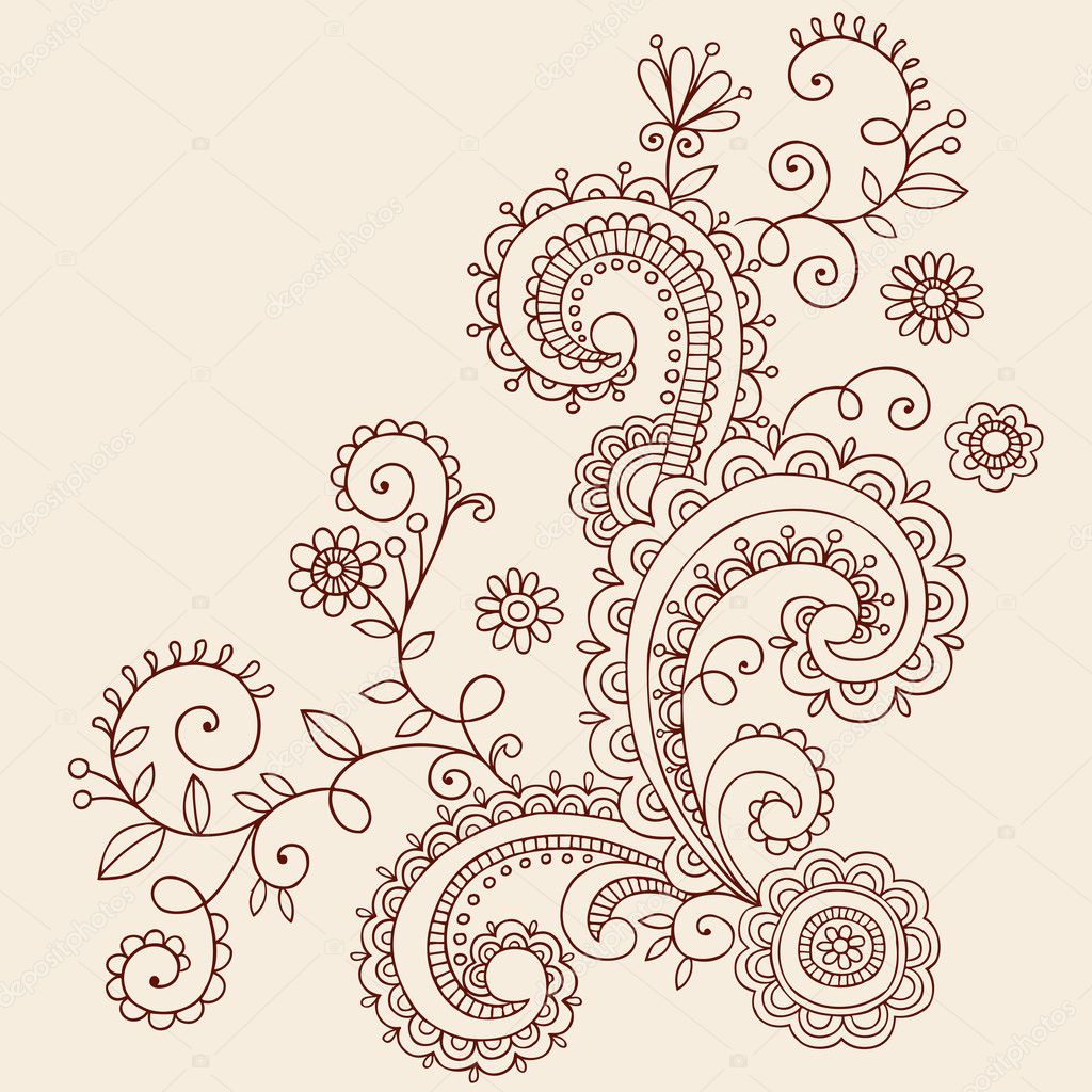 Henna Mehndi Paisley Flowers and Vines Doodle Vector Design
