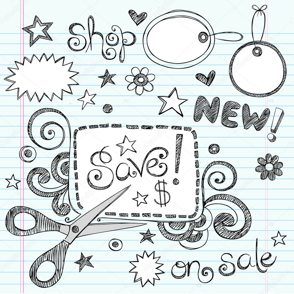 Sketchy Doodles Coupon and Scissors Doodles Vector Illustration
