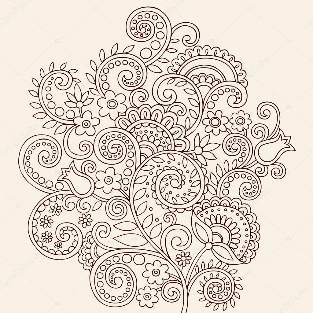 Henna Mehndi Paisley Flowers and Vines Doodle Vector