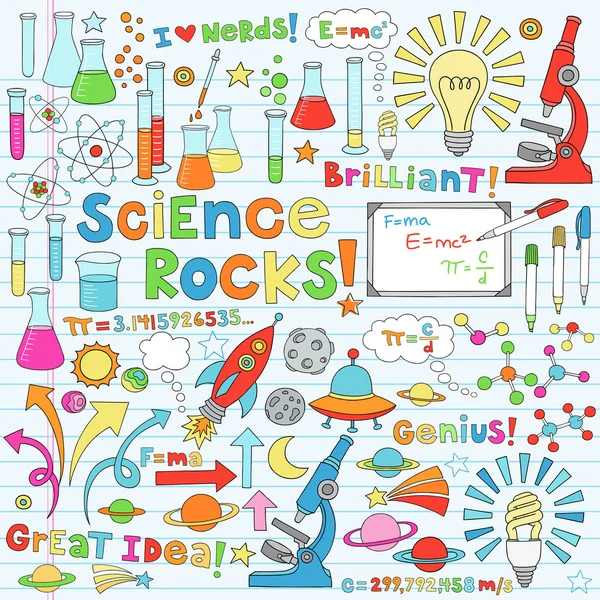 Serie di icone vettoriali Doodles del taccuino della scuola di scienza — Vettoriale Stock