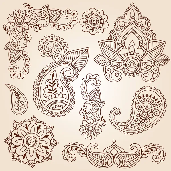 Henna Mehndi Paisley Blumen Doodle Vektor Design-Elemente — Stockvektor