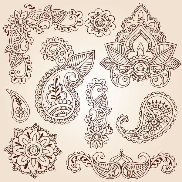 Henna Mehndi Paisley Flowers Doodle Vector Design Elements