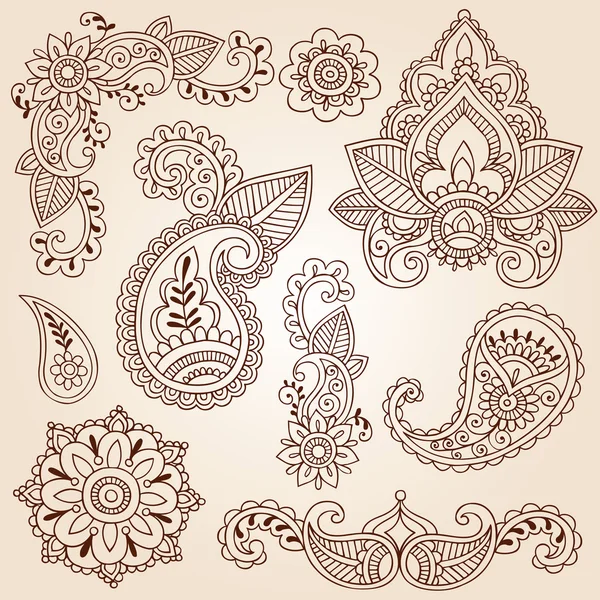 Henna Mehndi Paisley Flores Doodle Vector elementos de design Ilustração De Stock