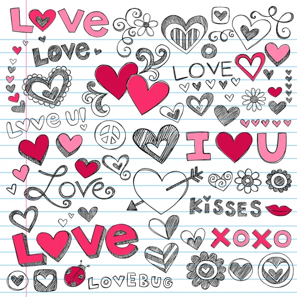 Valentinstag Liebe und Herzen skizzenhafte Kritzeleien gesetzt — Stockvektor
