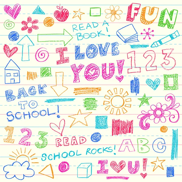 Niños Crayon Doodles Regresar a la escuela Vector Illustration — Archivo Imágenes Vectoriales