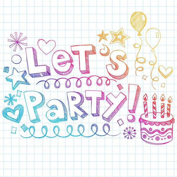 Let 's Party Feliz cumpleaños Doodles Vector Illustration — Archivo Imágenes Vectoriales