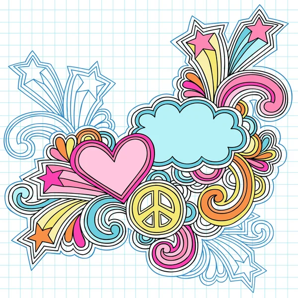 Vredesteken liefde psychedelische notebook doodles — Stockvector