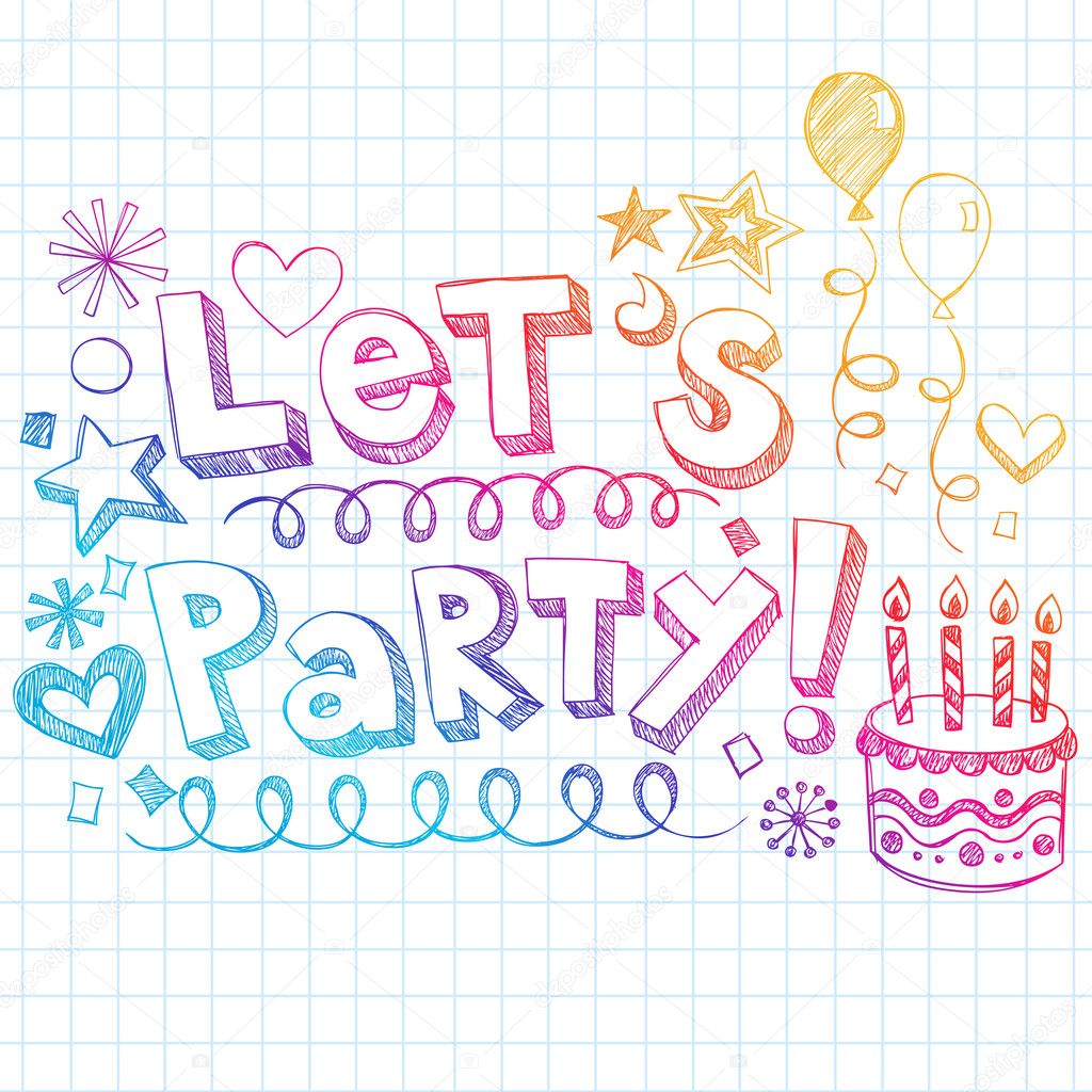 Let's Party Happy Birthday Doodles Vector Illustration