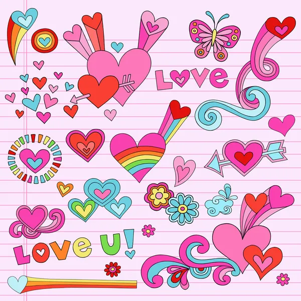De dag van Valentijnskaarten notebook doodle harten vectorillustratie — Stockvector