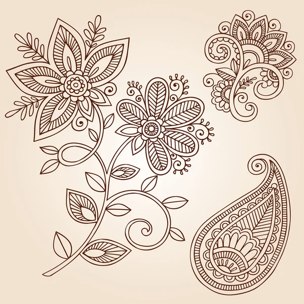 Vektör tasarım öğeleri kına çiçekler ve desenli doodles — Stok Vektör