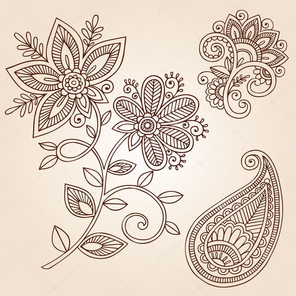 Henna Flowers and Paisley Doodles Vector Design Elements