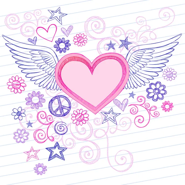 Sketchy Heart with Angel Wings Doodles — Stock Vector