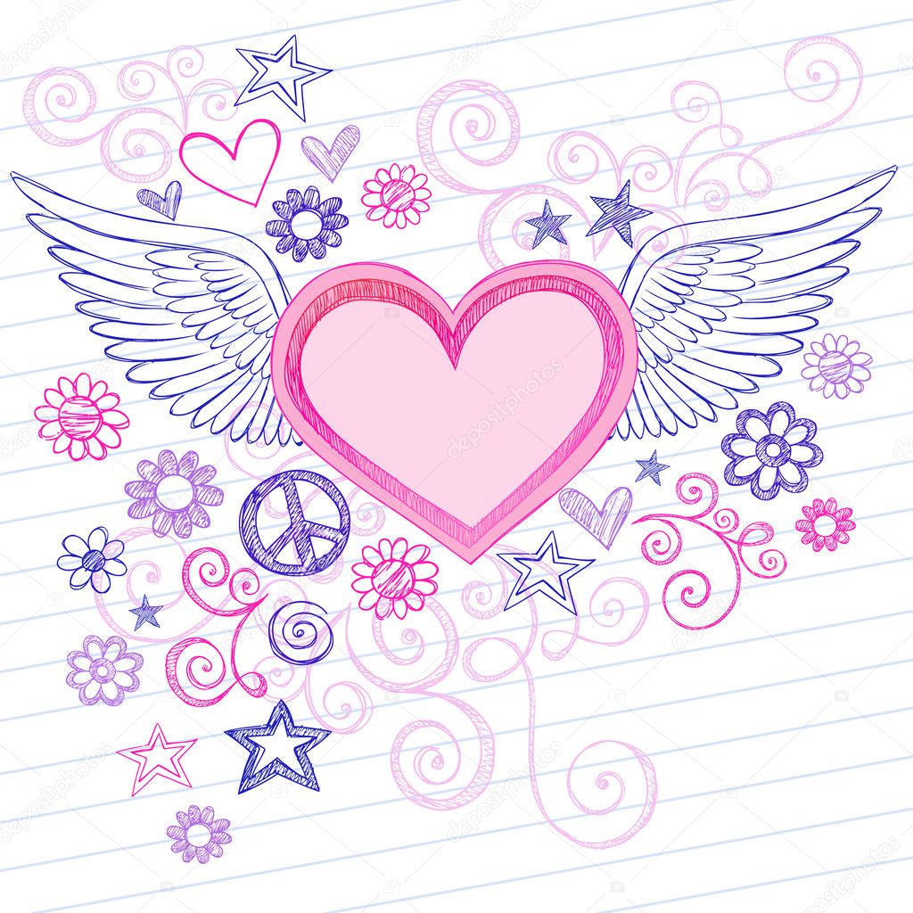 Sketchy Heart with Angel Wings Doodles