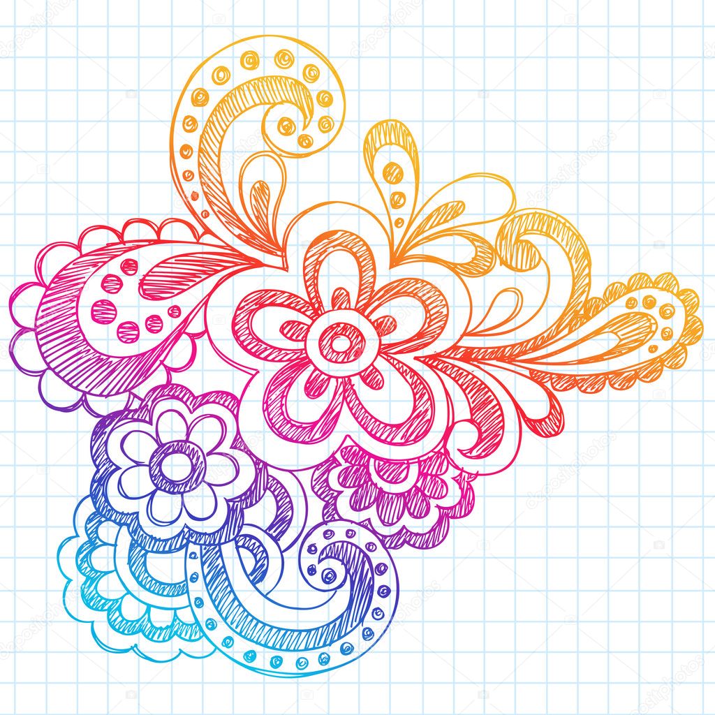 Disegnati a mano al fiore paisley di henn¨ stile scuola quaderno abbozzato doodles illustrazione vettoriale su sketchbook foderata di carta — Vettoriali di