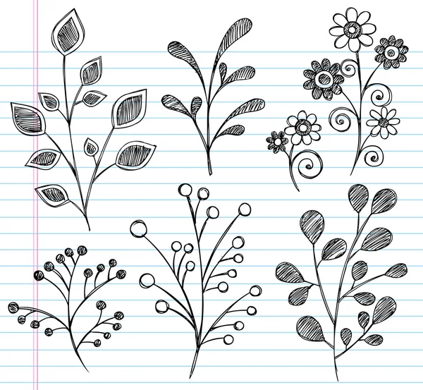 Flowers and Leaves Sketchy Doodle Vector Design Set — Stock Vector